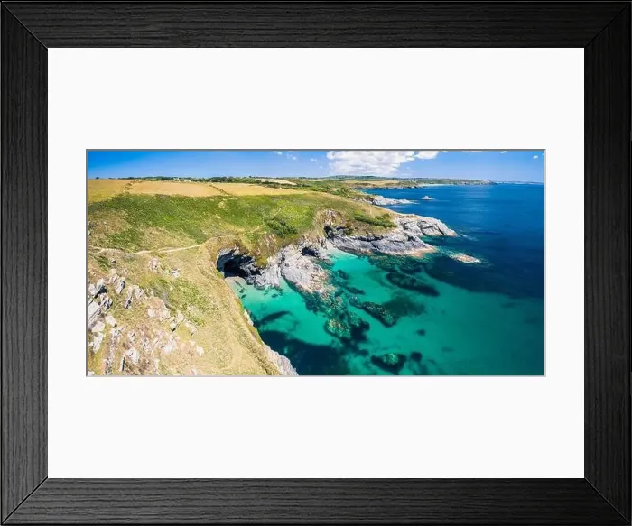Framed Print : Top Down over Piskies Cove and HMS Warspite Cliffs from a drone, Penzance, Cornwall, England Framed Print : Top Down over Piskies Cove and HMS Warspite Cliffs from a drone, Penzance, Cornwall, England