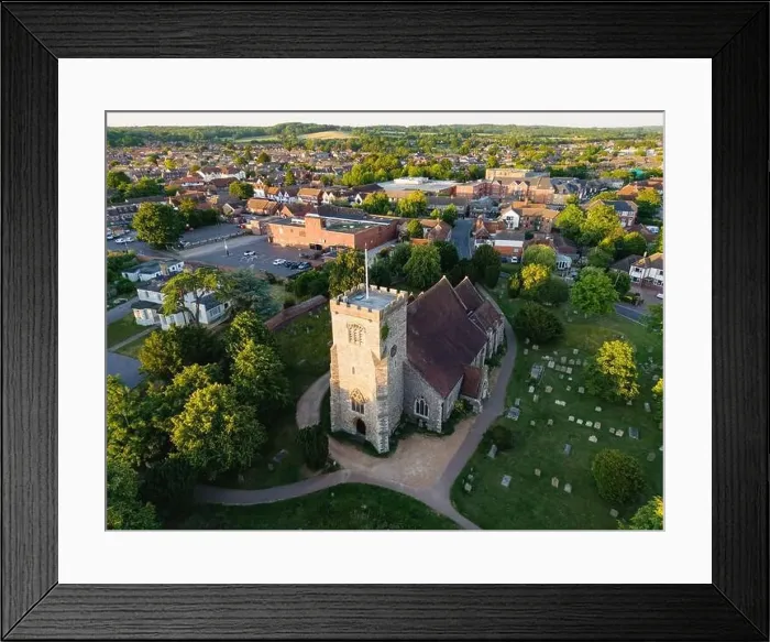Framed Print : Aerial view of St Marys Church and Thatcham Town Centre Framed Print : Aerial view of St Marys Church and Thatcham Town Centre
