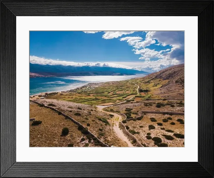 Framed Print : Drone flight over the beautiful island of Pag in Croatia, simuni, novalja, zrece beach Framed Print : Drone flight over the beautiful island of Pag in Croatia, simuni, novalja, zrece beach