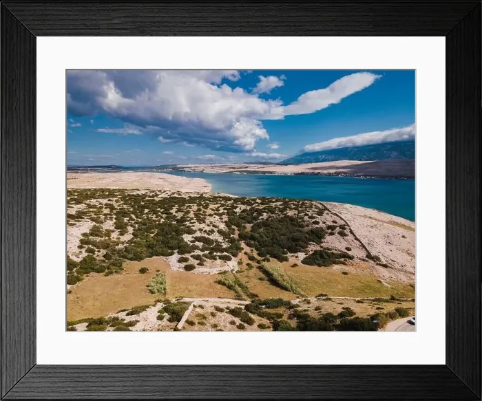 Framed Print : Drone flight over the beautiful island of Pag in Croatia, simuni, novalja, zrece beach Framed Print : Drone flight over the beautiful island of Pag in Croatia, simuni, novalja, zrece beach