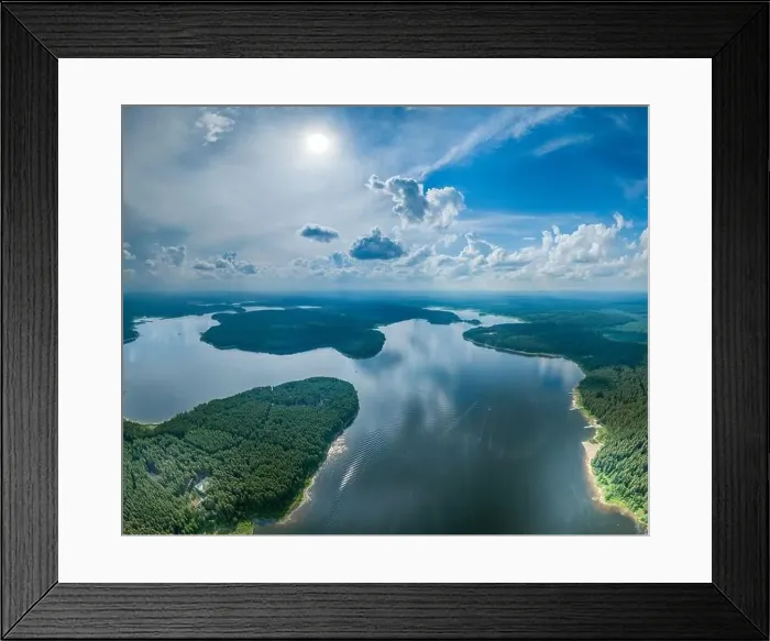 Framed Print : Big lake with green shores in bright sun light Framed Print : Big lake with green shores in bright sun light