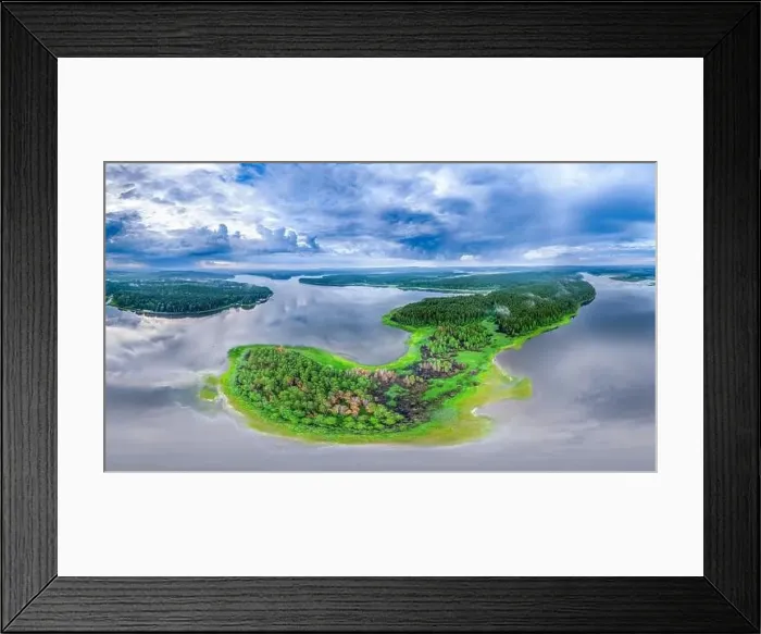 Framed Print : Big lake with green shores in bright sun light Framed Print : Big lake with green shores in bright sun light