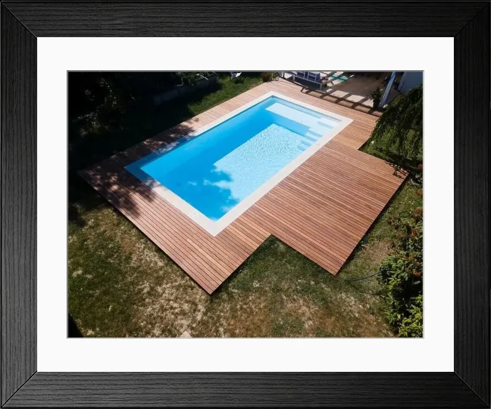 Framed Print : Drone flight over pool with nice wooden terrace surrounded by green lawn in beautiful garden Framed Print : Drone flight over pool with nice wooden terrace surrounded by green lawn in beautiful garden