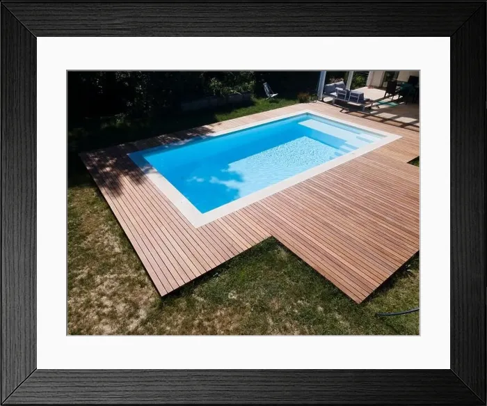 Framed Print : Drone flight over pool with nice wooden terrace surrounded by green lawn in beautiful garden Framed Print : Drone flight over pool with nice wooden terrace surrounded by green lawn in beautiful garden