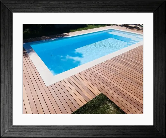 Framed Print : Drone flight over pool with nice wooden terrace surrounded by green lawn in beautiful garden Framed Print : Drone flight over pool with nice wooden terrace surrounded by green lawn in beautiful garden