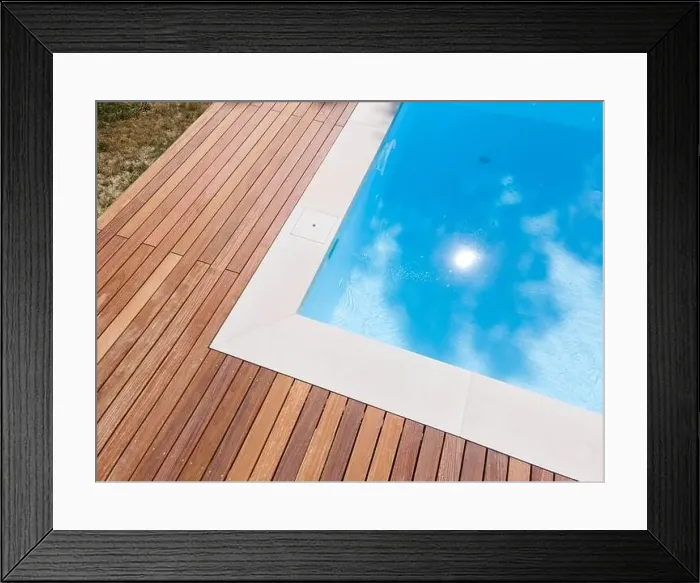 Framed Print : Drone flight over pool with nice wooden terrace surrounded by green lawn in beautiful garden Framed Print : Drone flight over pool with nice wooden terrace surrounded by green lawn in beautiful garden