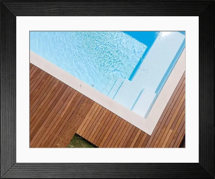 Framed Print : Drone flight over pool with nice wooden terrace surrounded by green lawn in beautiful garden Framed Print : Drone flight over pool with nice wooden terrace surrounded by green lawn in beautiful garden