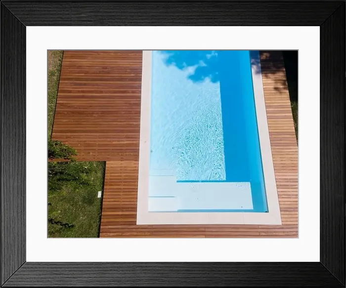 Framed Print : Drone flight over pool with nice wooden terrace surrounded by green lawn in beautiful garden Framed Print : Drone flight over pool with nice wooden terrace surrounded by green lawn in beautiful garden