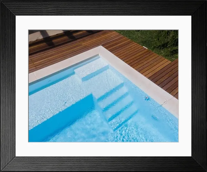 Framed Print : Drone flight over pool with nice wooden terrace surrounded by green lawn in beautiful garden Framed Print : Drone flight over pool with nice wooden terrace surrounded by green lawn in beautiful garden