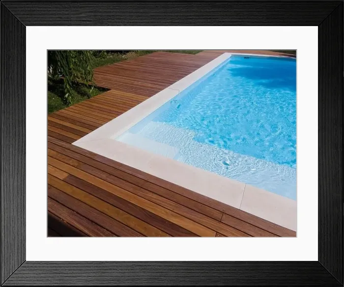 Framed Print : Drone flight over pool with nice wooden terrace surrounded by green lawn in beautiful garden Framed Print : Drone flight over pool with nice wooden terrace surrounded by green lawn in beautiful garden