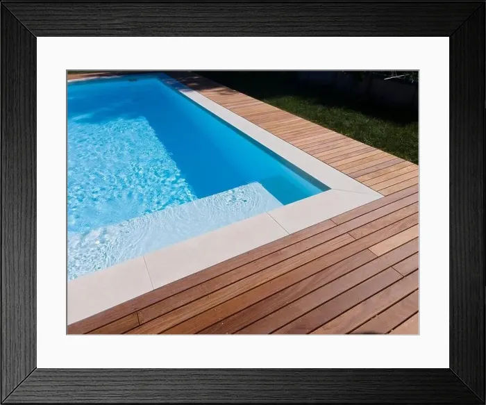 Framed Print : Drone flight over pool with nice wooden terrace surrounded by green lawn in beautiful garden Framed Print : Drone flight over pool with nice wooden terrace surrounded by green lawn in beautiful garden