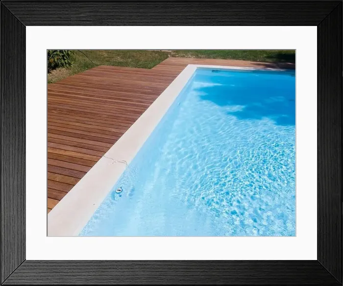 Framed Print : Drone flight over pool with nice wooden terrace surrounded by green lawn in beautiful garden Framed Print : Drone flight over pool with nice wooden terrace surrounded by green lawn in beautiful garden