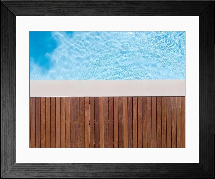 Framed Print : Drone flight over pool with nice wooden terrace surrounded by green lawn in beautiful garden Framed Print : Drone flight over pool with nice wooden terrace surrounded by green lawn in beautiful garden