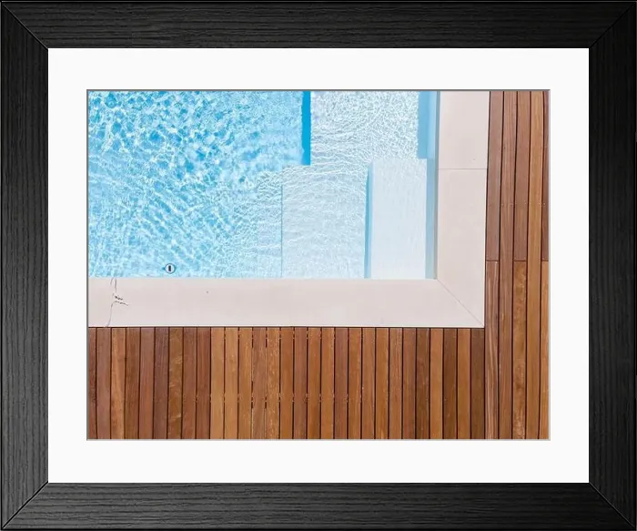 Framed Print : Drone flight over pool with nice wooden terrace surrounded by green lawn in beautiful garden Framed Print : Drone flight over pool with nice wooden terrace surrounded by green lawn in beautiful garden