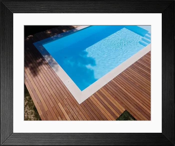 Framed Print : Drone flight over pool with nice wooden terrace surrounded by green lawn in beautiful garden Framed Print : Drone flight over pool with nice wooden terrace surrounded by green lawn in beautiful garden