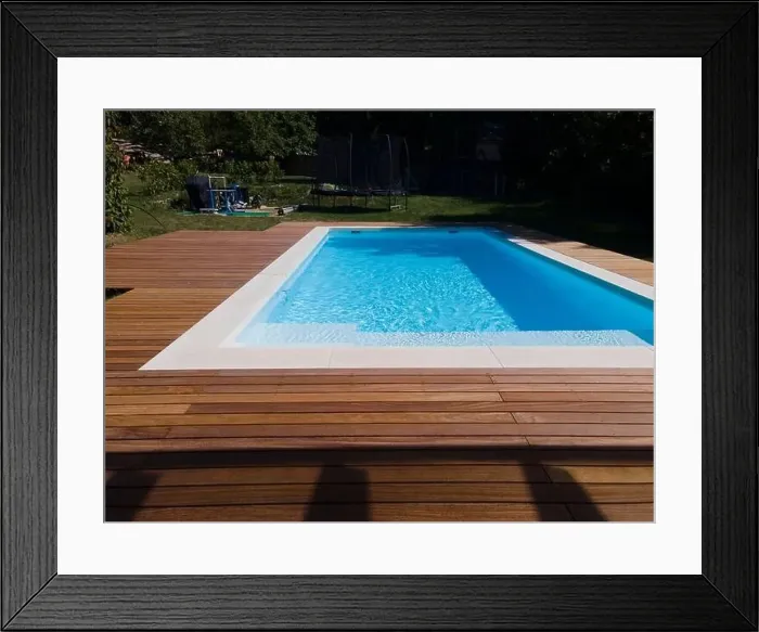 Framed Print : Drone flight over pool with nice wooden terrace surrounded by green lawn in beautiful garden Framed Print : Drone flight over pool with nice wooden terrace surrounded by green lawn in beautiful garden