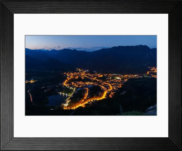 Framed Print : Bright sparkling mountain town of Smolyan with multi-colored night electric lights Framed Print : Bright sparkling mountain town of Smolyan with multi-colored night electric lights