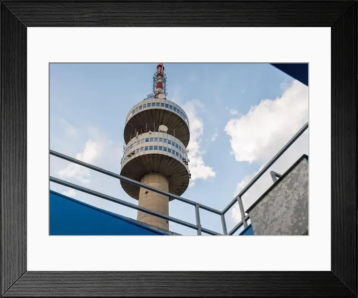 Framed Print : The high tourist observation tower Snezhana on the mountain peak of Snezhana covered with evergreen spruce dense