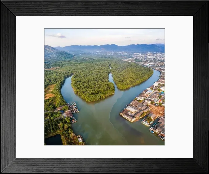 Framed Print : Aerial city view of Ranong and its estuary, Thailand Framed Print : Aerial city view of Ranong and its estuary, Thailand