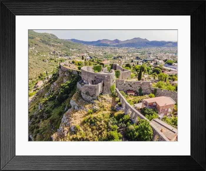 Framed Print : Old city. Sunny view of ruins of citadel in Stari Bar town near Bar city, Montenegro. Drone view Framed Print : Old city. Sunny view of ruins of citadel in Stari Bar town near Bar city, Montenegro. Drone view