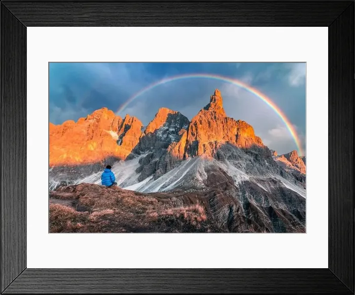 Framed Print : Tourist in Dolomite Alps. Pale di San Martino mountain group in sunset time Framed Print : Tourist in Dolomite Alps. Pale di San Martino mountain group in sunset time