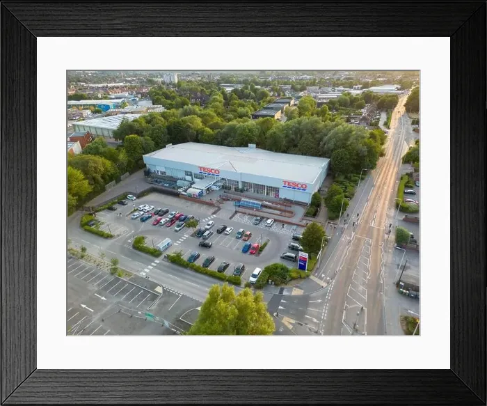 Framed Print : Aerial view of Tesco store on the London Road in Newbury Framed Print : Aerial view of Tesco store on the London Road in Newbury