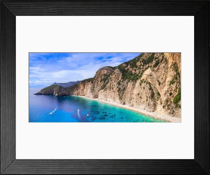 Framed Print : Greece, Ionian islands. Best beaches of Corfu. impressive Paradise beach under huge rock. aerial drone view Framed Print : Greece, Ionian islands. Best beaches of Corfu. impressive Paradise beach under huge rock. aerial drone view