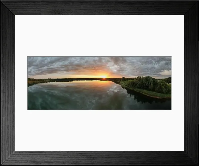 Framed Print : Aerial view, shot by a drone of a sunset at coast of the lake Framed Print : Aerial view, shot by a drone of a sunset at coast of the lake
