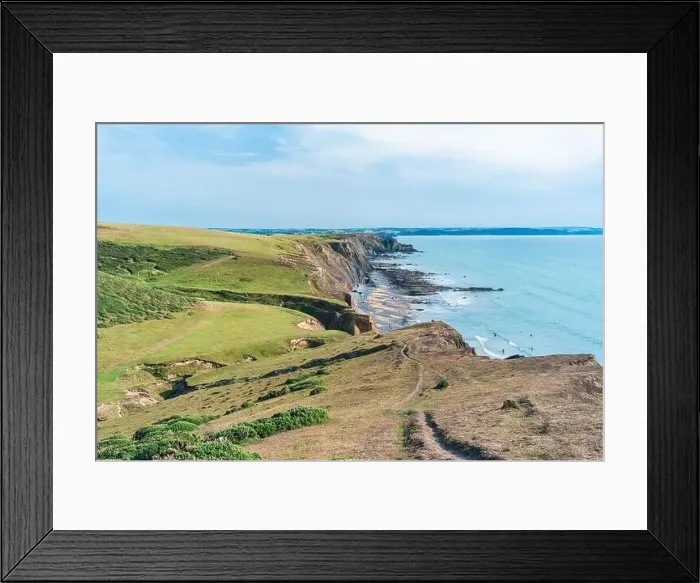 Framed Print : Cliffs on the Sandymouth Bay Beach from a drone, National Trust, Bude, Cornwall, England, Europe Framed Print : Cliffs on the Sandymouth Bay Beach from a drone, National Trust, Bude, Cornwall, England, Europe