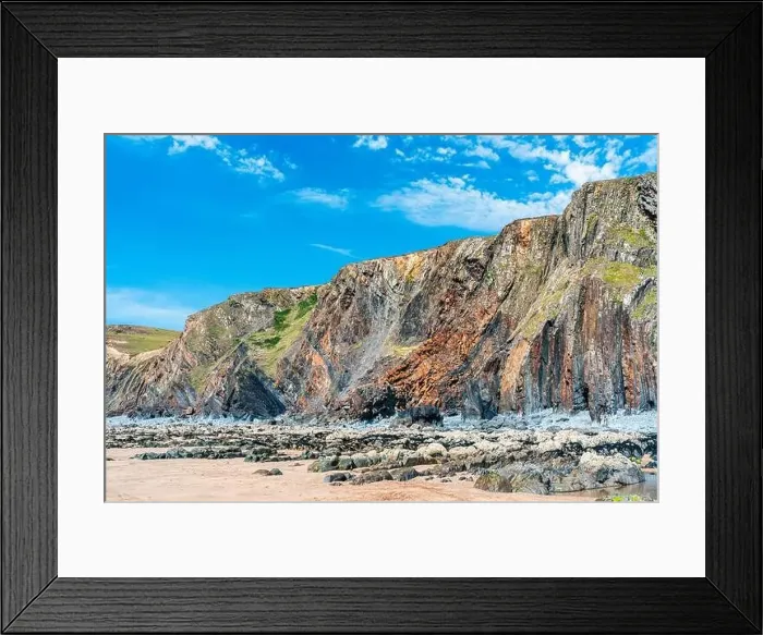 Framed Print : Cliffs on the Sandymouth Bay Beach from a drone, National Trust, Bude, Cornwall, England, Europe Framed Print : Cliffs on the Sandymouth Bay Beach from a drone, National Trust, Bude, Cornwall, England, Europe
