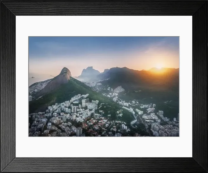 Framed Print : Aerial view of Rio at sunset with Dois Irmaos Mountain (Morro Dois Irmaos) and Pedra da Gavea Hill - Rio de Janeiro Framed Print : Aerial view of Rio at sunset with Dois Irmaos Mountain (Morro Dois Irmaos) and Pedra da Gavea Hill - Rio de Janeiro