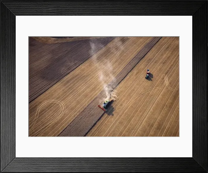 Framed Print : Agricultural machines harvest wheat in the field. Aerial shot from above. There is a lot of dust around the harvester Framed Print : Agricultural machines harvest wheat in the field. Aerial shot from above. There is a lot of dust around the harvester