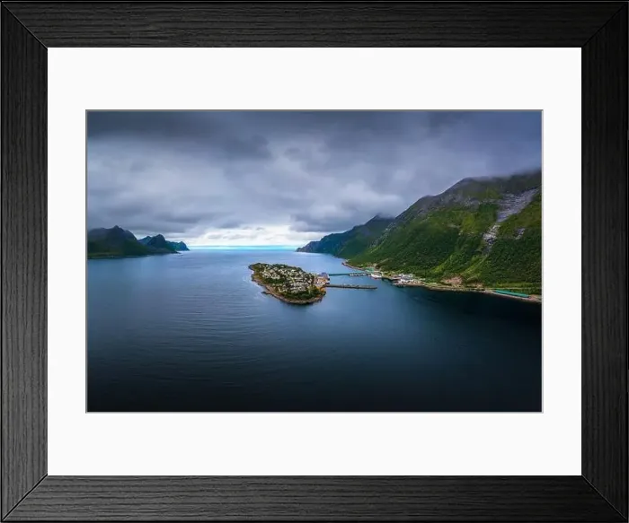 Framed Print : Aerial view of the Husoy fishing village on the Senja Island, Norway Framed Print : Aerial view of the Husoy fishing village on the Senja Island, Norway