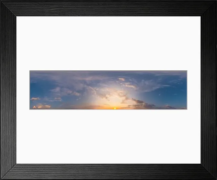 Framed Print : Golden glowing sunset sky panorama with Cirrus clouds Framed Print : Golden glowing sunset sky panorama with Cirrus clouds