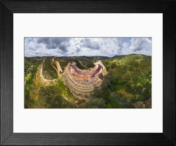 Framed Print : From above breathtaking scenery of curved river near forest cover in green trees in highlands in Minas de Riotinto in Framed Print : From above breathtaking scenery of curved river near forest cover in green trees in highlands in Minas de Riotinto in