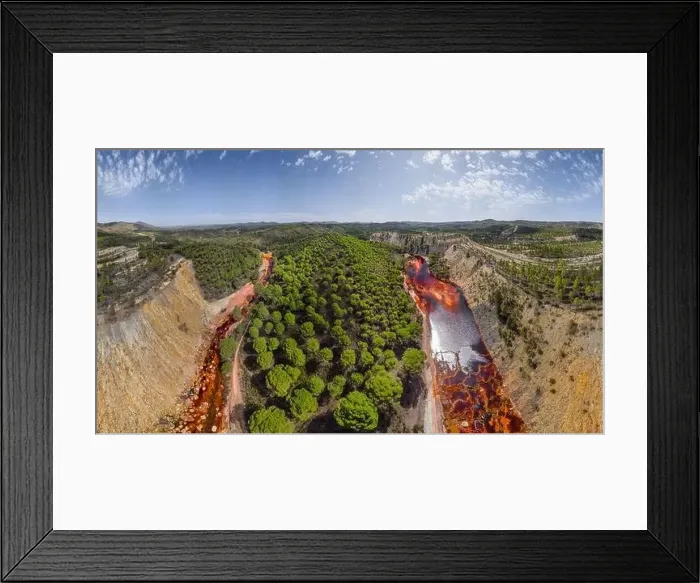 Framed Print : From above breathtaking scenery of curved river near forest cover in green trees in highlands in Minas de Riotinto in Framed Print : From above breathtaking scenery of curved river near forest cover in green trees in highlands in Minas de Riotinto in