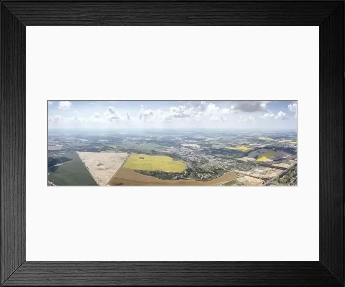 Framed Print : countryside landscape under blue sky with fluffy clouds on horizon on bright summer day. panoramic aerial view Framed Print : countryside landscape under blue sky with fluffy clouds on horizon on bright summer day. panoramic aerial view