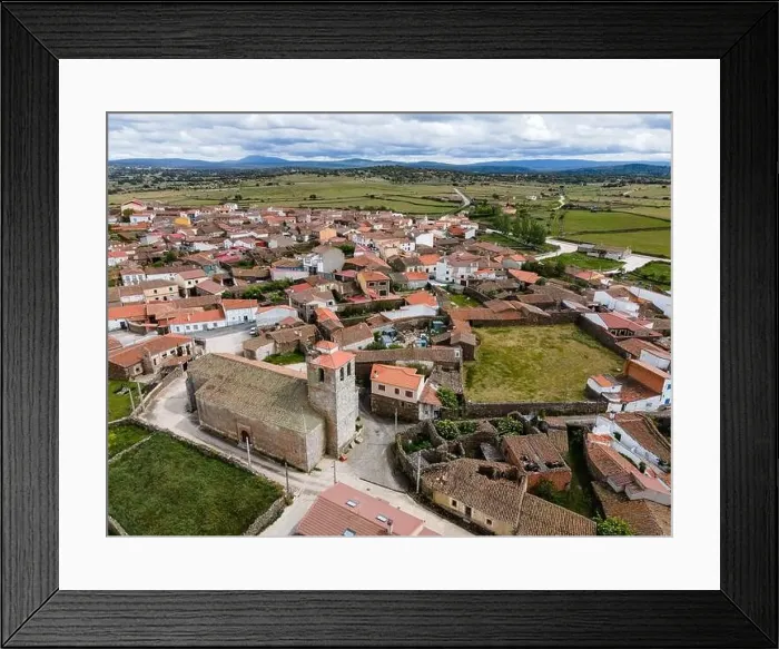 Framed Print : Aerial view of old town with stone houses and old church. Spain Framed Print : Aerial view of old town with stone houses and old church. Spain