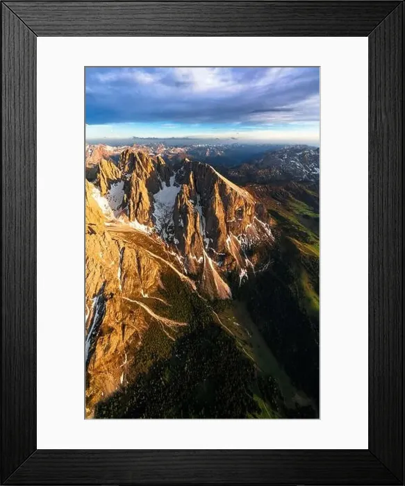 Framed Print : Aerial view of Sassopiatto group and Cinque Dita sharp mountains at sunset, Dolomites, South Tyrol, Italy, Europe Framed Print : Aerial view of Sassopiatto group and Cinque Dita sharp mountains at sunset, Dolomites, South Tyrol, Italy, Europe