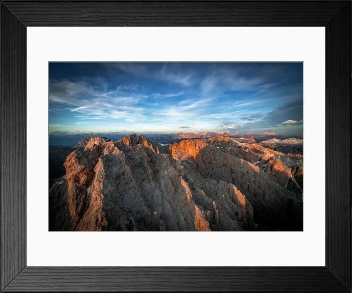 Framed Print : Aerial view of Puez Odle, Furchetta and Sass Rigais at sunset, Dolomites, South Tyrol, Italy, Europe
