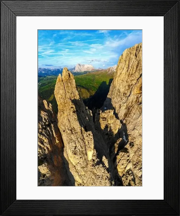 Framed Print : Aerial view of Sciliar with Sassopiatto and Sassolungo mountains in background Framed Print : Aerial view of Sciliar with Sassopiatto and Sassolungo mountains in background