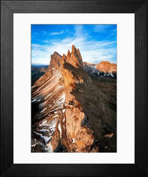 Framed Print : Aerial view of Odle group, Seceda, Furchetta and Sass Rigais at sunset, Dolomites, South Tyrol, Italy, Europe Framed Print : Aerial view of Odle group, Seceda, Furchetta and Sass Rigais at sunset, Dolomites, South Tyrol, Italy, Europe