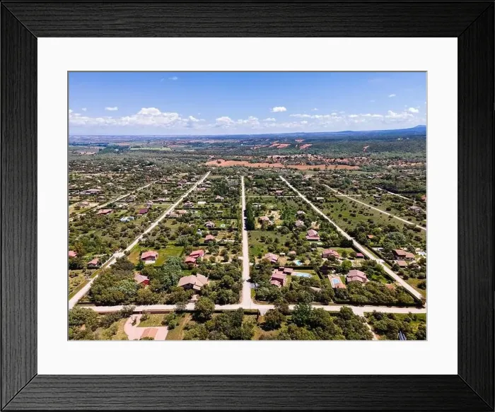 Framed Print : aerial view of an urbanization of country houses with symmetrical streets. Riaza Segovia Framed Print : aerial view of an urbanization of country houses with symmetrical streets. Riaza Segovia