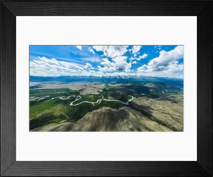Framed Print : Landscape of mountains and rivers in summer. Aerial view. Panorama Framed Print : Landscape of mountains and rivers in summer. Aerial view. Panorama