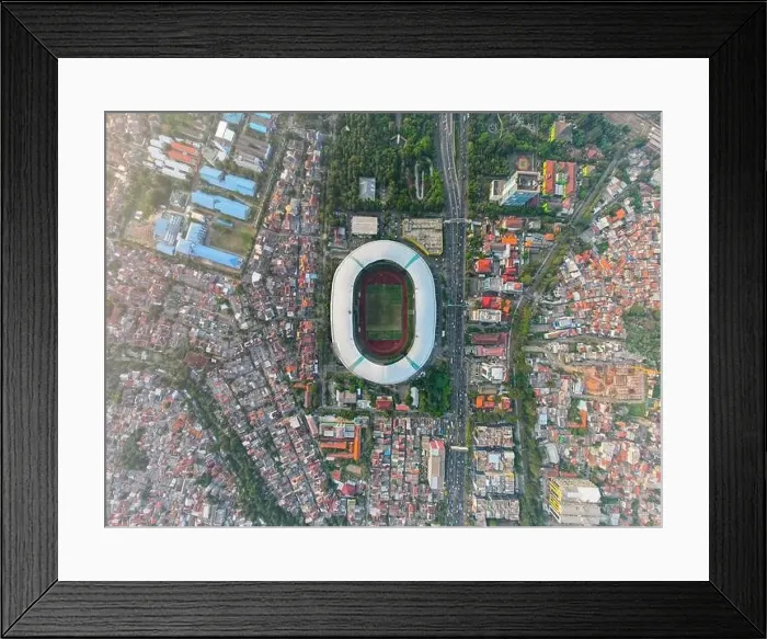 Framed Print : Aerial View of The largest stadium of Bekasi from drone and noise cloud. Bekasi, Indonesia, August 1, 2022 Framed Print : Aerial View of The largest stadium of Bekasi from drone and noise cloud. Bekasi, Indonesia, August 1, 2022