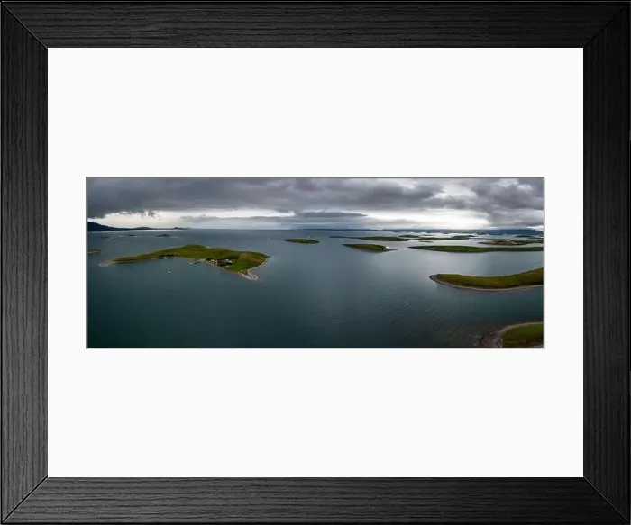 Framed Print : panorama landscape of the sunken drumlin islands of Clew Bay in County Mayo of western Ireland under an overcast sky Framed Print : panorama landscape of the sunken drumlin islands of Clew Bay in County Mayo of western Ireland under an overcast sky