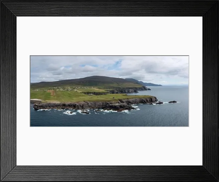 Framed Print : aerial panorama view of the rugged coastline of County Donegal at Malin Beg with the ruins of the Napoleonic signal Framed Print : aerial panorama view of the rugged coastline of County Donegal at Malin Beg with the ruins of the Napoleonic signal