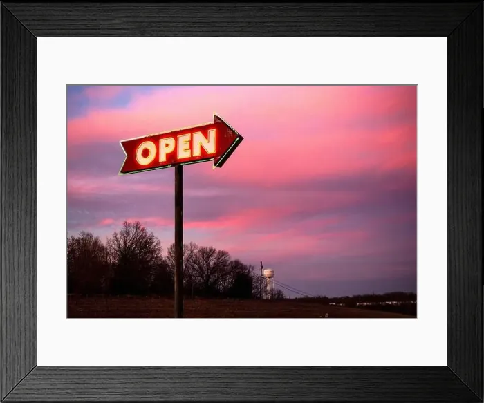 Framed Print : Roadside neon arrow open sign Framed Print : Roadside neon arrow open sign
