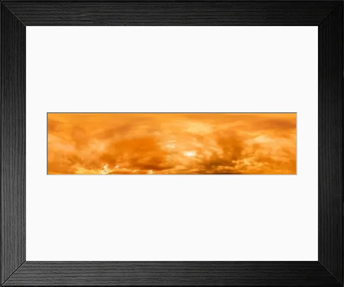 Framed Print : Golden glowing red orange overcast sunset sky panorama Framed Print : Golden glowing red orange overcast sunset sky panorama