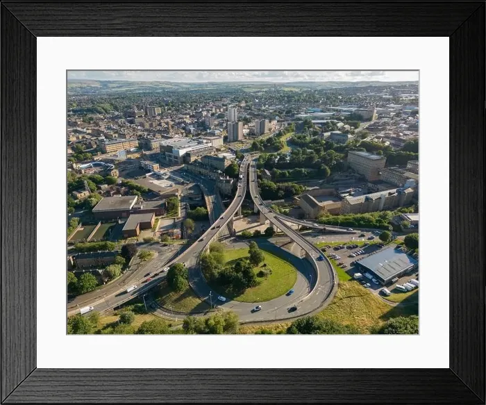 Framed Print : Aerial view of Burdock Way and North Bridge with the Town of Halifax, West Yorkshire, UK in the distance Framed Print : Aerial view of Burdock Way and North Bridge with the Town of Halifax, West Yorkshire, UK in the distance